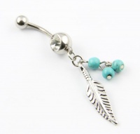 316L Surgical Steel 14 Guage Leaf Dangle With Blue Beads Navel Belly Button Ring Bar 316L Surgical Steel 14 Guage Leaf Dangle With Blue Beads Navel Belly Button Ring Bar