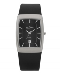 Steer clear of fleeting trends and remain timeless with this classic Skagen Denmark dress watch. Black leather strap and rectangular stainless steel case. Black dial features silvertone stick indices, date window at six o'clock, luminous hands and logo. Quartz movement. Water resistant to 30 meters. Limited lifetime warranty. Steer clear of fleeting trends and remain timeless with this classic Skagen Denmark dress watch. Black leather strap and rectangular stainless steel case. Black dial features silvertone stick indices, date window at six o'clock, luminous hands and logo. Quartz movement. Water resistant to 30 meters. Limited lifetime warranty.