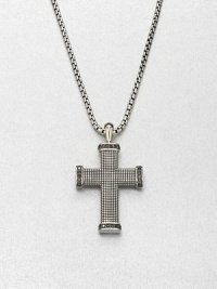 Black diamonds outline this exquisite cross pendant of sterling silver, suspended from a box chain necklace.Sterling silverBlack diamondLength, about 22Imported
