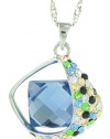 Glittering Rhinestones Square Swarovski Elements Crystal Pendant Necklace W. 18k White Gold Plated Chain December Birthstone Blue Topaz BLACK FRIDAY WEEK SPECIAL SALE