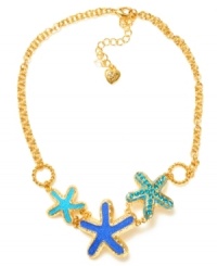 Dive deep for funky style. This Betsey Johnson frontal necklace features turquoise and blue starfish pendants accented with crystals. Crafted in gold tone mixed metal. Approximate length: 16 inches + 3-inch extender. Approximate drop: 1-1/2 inches. Dive deep for funky style. This Betsey Johnson frontal necklace features turquoise and blue starfish pendants accented with crystals. Crafted in gold tone mixed metal. Approximate length: 16 inches + 3-inch extender. Approximate drop: 1-1/2 inches.