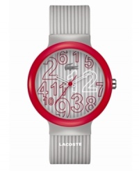 Simple shades of gray from Lacoste. Unisex Goa watch crafted of gray stripe silicone strap with printed text logo and round plastic case with red bezel. Gray stripe dial features jumbled red and white numerals, iconic crocodile logo at twelve o'clock, cut-out hour and minute hands, and red second hand. Quartz movement. Water resistant to 30 meters. Two-year limited warranty. Simple shades of gray from Lacoste. Unisex Goa watch crafted of gray stripe silicone strap with printed text logo and round plastic case with red bezel. Gray stripe dial features jumbled red and white numerals, iconic crocodile logo at twelve o'clock, cut-out hour and minute hands, and red second hand. Quartz movement. Water resistant to 30 meters. Two-year limited warranty.