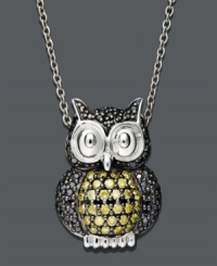 Wisen up with smart style and a touch of sparkle. This trendy owl pendant features round-cut yellow diamonds (1/3 ct. t.w.) and black diamonds (1/5 ct. t.w.). Crafted in sterling silver. Approximate length: 18 inches. Approximate drop: 1/2 inch. Wisen up with smart style and a touch of sparkle. This trendy owl pendant features round-cut yellow diamonds (1/3 ct. t.w.) and black diamonds (1/5 ct. t.w.). Crafted in sterling silver. Approximate length: 18 inches. Approximate drop: 1/2 inch.