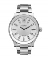 Elegance to suit every occasion. Piazza watch by Swarovski crafted of stainless steel bracelet and round case. Silver tone dial features four Swarovski elements set in silver tone markers, logo at twelve o'clock and two silver tone hands. Swiss quartz movement. Water resistant to 30 meters. Two-year limited warranty.