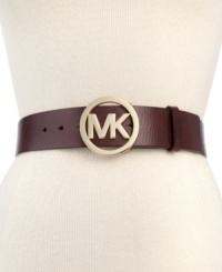 Give your look some signature style with this luxe, leather belt from MICHAEL Michael Kors, featuring the iconic MK logo in a gleaming, golden buckle. Give your look some signature style with this luxe, leather belt from MICHAEL Michael Kors, featuring the iconic MK logo in a gleaming, golden buckle.
