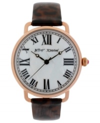 A classically designed watch from Betsey Johnson with a modern touch with a leopard-printed leather strap and rosy case. A classically designed watch from Betsey Johnson with a modern touch with a leopard-printed leather strap and rosy case.