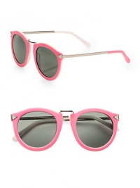 Round-frame essential in lightweight acetate with accented temples and a sleek metal bridge. Available in fluro pink with smoke mono lens and tan with smoke mono lens. Arrow accented temples and metal bridgeCategory 3 UV protectionImported Round-frame essential in lightweight acetate with accented temples and a sleek metal bridge. Available in fluro pink with smoke mono lens and tan with smoke mono lens. Arrow accented temples and metal bridgeCategory 3 UV protectionImported