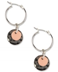 Don't let your style drop off! Keep your look fresh with these Nine West hoop earrings with a circular drop pendant. Crafted in silver tone, rose-gold tone and hematite tone mixed metal. Approximate drop: 1-1/2 inches. Approximate diameter: 5/8 inch. Don't let your style drop off! Keep your look fresh with these Nine West hoop earrings with a circular drop pendant. Crafted in silver tone, rose-gold tone and hematite tone mixed metal. Approximate drop: 1-1/2 inches. Approximate diameter: 5/8 inch.