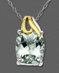 Add a drop of color as a finishing touch. This cushion-cut green quartz (4-3/4 ct. t.w.) pendant is set in elegant 14k gold and sterling silver. Approximate length: 18 inches. Approximate drop: 3/4 inch. Add a drop of color as a finishing touch. This cushion-cut green quartz (4-3/4 ct. t.w.) pendant is set in elegant 14k gold and sterling silver. Approximate length: 18 inches. Approximate drop: 3/4 inch.