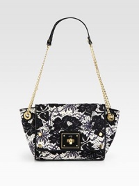 A sophisticated leather style with feminine flair and a roomy interior.Chain and leather shoulder strap, 10½ dropTurnlock flap closureOne inside zip pocketSatin lining12W X 6½H X 4DImported A sophisticated leather style with feminine flair and a roomy interior.Chain and leather shoulder strap, 10½ dropTurnlock flap closureOne inside zip pocketSatin lining12W X 6½H X 4DImported