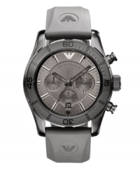 A contemporary and masculine chronograph, by Emporio Armani. Watch crafted of gray logo-stamped rubber strap and round gray-plated stainless steel case with gray bezel. Textured gray chronograph dial features silver tone stick indices, minute track, date window at six o'clock, three subdials, three hands and logo. Quartz movement. Water resistant to 50 meters. Two-year limited warranty. A contemporary and masculine chronograph, by Emporio Armani. Watch crafted of gray logo-stamped rubber strap and round gray-plated stainless steel case with gray bezel. Textured gray chronograph dial features silver tone stick indices, minute track, date window at six o'clock, three subdials, three hands and logo. Quartz movement. Water resistant to 50 meters. Two-year limited warranty.