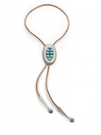 THE LOOKSouthwestern-inspired designTextured sliding oval with turquoise accents Leather braided rope settingTriangle drop details with turquoise accentsSilverplatedTHE MEASUREMENTLength, about 40ORIGINMade in USA THE LOOKSouthwestern-inspired designTextured sliding oval with turquoise accents Leather braided rope settingTriangle drop details with turquoise accentsSilverplatedTHE MEASUREMENTLength, about 40ORIGINMade in USA
