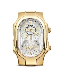 A beautifully constructed watch head from Philip Stein, featuring double quartz analog display with sapphire coating and yellow gold accents. A beautifully constructed watch head from Philip Stein, featuring double quartz analog display with sapphire coating and yellow gold accents.