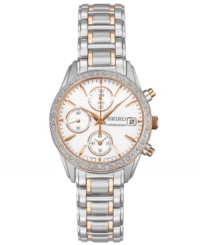 A blend of rose-gold and crystal shimmer make this chronograph watch from Seiko a stunning sight to behold. A blend of rose-gold and crystal shimmer make this chronograph watch from Seiko a stunning sight to behold.