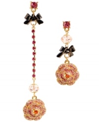 Mismatching lengths never looked so good. Betsey Johnson's antique gold tone mismatch earrings feature roses with ombre pave crystal accents, pink faceted beads, pink-colored crystal cup chain accents, hematite-plated bows, and crystal accents. Approximate drop: 1-3/4 inches and 3-1/2 inches. Mismatching lengths never looked so good. Betsey Johnson's antique gold tone mismatch earrings feature roses with ombre pave crystal accents, pink faceted beads, pink-colored crystal cup chain accents, hematite-plated bows, and crystal accents. Approximate drop: 1-3/4 inches and 3-1/2 inches.