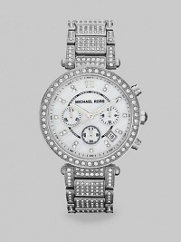 Unabashed dazzle defines this striking chronograph, a clever combination of high fashion and high tech.Quartz movementWater resistant to 5 ATMSilvertone stainless steel round case, 39mm diameter (1.5)Crystal bezelLight silvertobe dialSilvertone 12 and crystal hour markersSecond handThree chronograph sub dialsDate window between 4:00 and 5:00Crystal-set link braceletImported Unabashed dazzle defines this striking chronograph, a clever combination of high fashion and high tech.Quartz movementWater resistant to 5 ATMSilvertone stainless steel round case, 39mm diameter (1.5)Crystal bezelLight silvertobe dialSilvertone 12 and crystal hour markersSecond handThree chronograph sub dialsDate window between 4:00 and 5:00Crystal-set link braceletImported