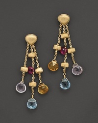 From the Paradise collection: A multi-colored grouping of semi precious stones on these linear earrings, designed by Marco Bicego. From the Paradise collection: A multi-colored grouping of semi precious stones on these linear earrings, designed by Marco Bicego.
