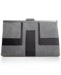 Slim and structured, this bold beauty from RAHCEL Rachel Roy is designed for dalliances after hours. Adorned with signature detailing and colorblock deco design, it's sized-right for evening essentials. Slim and structured, this bold beauty from RAHCEL Rachel Roy is designed for dalliances after hours. Adorned with signature detailing and colorblock deco design, it's sized-right for evening essentials.