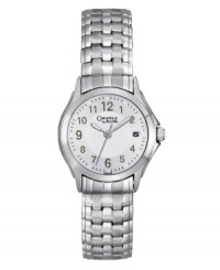 Dressed up or down, this contemporary watch by Carvavelle by Bulova goes anywhere. Stainless steel bracelet and round case. Silver tone dial features applied numerals, minute track, date window at three o'clock, luminous hands and logo. Quartz movement. Water resistant to 30 meters. Two-year limited warranty. Dressed up or down, this contemporary watch by Carvavelle by Bulova goes anywhere. Stainless steel bracelet and round case. Silver tone dial features applied numerals, minute track, date window at three o'clock, luminous hands and logo. Quartz movement. Water resistant to 30 meters. Two-year limited warranty.