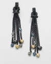 From the Chain Collection. A long elegant, blackened sterling silver box chain tassel with 18k gold, blue topaz and hematite bead details. 18k goldBlue topaz and hematiteBlackened sterling silverLength, about 1Post backImported 
