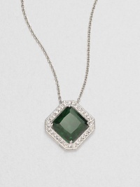 A rich emerald-colored faceted square of cubic zirconia is framed by shimmering pavé crystals in this lovely design on a silvery chain.Crystal and cubic zirconiaRhodium platingChain length, about 16Pendant, about ½ squareLobster claspImported