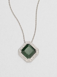 A rich emerald-colored faceted square of cubic zirconia is framed by shimmering pavé crystals in this lovely design on a silvery chain.Crystal and cubic zirconiaRhodium platingChain length, about 16Pendant, about ½ squareLobster claspImported A rich emerald-colored faceted square of cubic zirconia is framed by shimmering pavé crystals in this lovely design on a silvery chain.Crystal and cubic zirconiaRhodium platingChain length, about 16Pendant, about ½ squareLobster claspImported