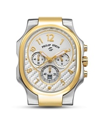 Philip Stein oblong chronograph watch head in two-tone stainless steel features Arabic numbers and 3-eye design. Philip Stein oblong chronograph watch head in two-tone stainless steel features Arabic numbers and 3-eye design.