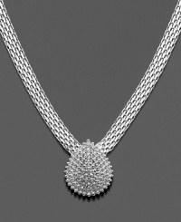 A pear-shaped pendant encrusted in round-cut diamonds (1/2 ct. t.w.) alights on a sterling silver mesh chain. Approximate diamond necklace length: 16 inches. Approximate drop: 3/4 inch. A pear-shaped pendant encrusted in round-cut diamonds (1/2 ct. t.w.) alights on a sterling silver mesh chain. Approximate diamond necklace length: 16 inches. Approximate drop: 3/4 inch.