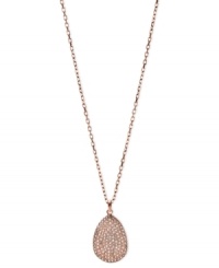 Fossil's pendant makes a stunning statement. Crafted from rose gold-tone stainless steel, it also features sparkling accents for a lustrous touch. Length: 18 inches + 2-inch extender. Approximate drop: 1 inch. Fossil's pendant makes a stunning statement. Crafted from rose gold-tone stainless steel, it also features sparkling accents for a lustrous touch. Length: 18 inches + 2-inch extender. Approximate drop: 1 inch.