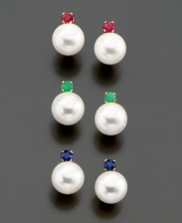 Cultured freshwater pearls (6.5-7 mm) get even prettier with colorful gemstone accents. These 14k gold earring feature round-cut ruby (1/10 ct. t.w.), round-cut sapphire (1/10 ct. t.w.) and emerald accents.