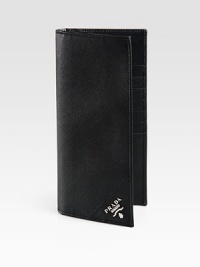 Organize your travel documents, credit cards, cash and more in this modern design set in textured saffiano leather.One billfold compartment7 card slotsZip currency holderLeather4W x 8HMade in Italy Organize your travel documents, credit cards, cash and more in this modern design set in textured saffiano leather.One billfold compartment7 card slotsZip currency holderLeather4W x 8HMade in Italy