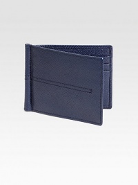 Textured leather design enhanced by stitch detail and interior money clip.Six card slotsLeather4½W x 3½HMade in Italy