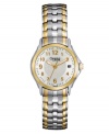 Easy elegance. Everyday watch by Caravelle by Bulova crafted of two-tone stainless steel bracelet and round case with gold tone bezel. Silver tone dial features applied gold tone numerals, black minute track, date window at three o'clock, luminous hands and logo. Quartz movement. Water resistant to 30 meters. Two-year limited warranty.
