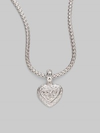 From the Classic Chain Collection. A white sapphire pavé heart dangles from a signature sterling silver chain.White sapphire Sterling silver Rhodium chain Length, about 18 Pendant length, about ¾ Pendant width, about ½ Lobster clasp closure Made in Bali From the Classic Chain Collection. A white sapphire pavé heart dangles from a signature sterling silver chain.White sapphire Sterling silver Rhodium chain Length, about 18 Pendant length, about ¾ Pendant width, about ½ Lobster clasp closure Made in Bali