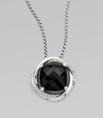 From the Infinity Collection. An elegant style with a faceted, center stone of rich, black onyx set in sleek sterling silver on a box link chain. Black onyxSterling silverLength, about 18Pendant size, about ½Lobster clasp closureImported 