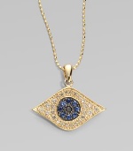 A protective evil eye, richly rendered diamonds and blue sapphires, hangs from a 14k yellow gold chain. Diamonds, 0.26 tcw Sapphires 14k yellow gold Chain length, about 16 Pendant width, about ¾ Claw clasp Imported 