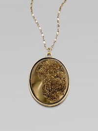 A stunning goldtone, textured stone on a delicate chain. Plastic stoneBrassLength, about 38Pendant size, about 2Lobster clasp closureImported A stunning goldtone, textured stone on a delicate chain. Plastic stoneBrassLength, about 38Pendant size, about 2Lobster clasp closureImported