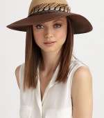 An exotic pheasant feather band adds flair to this straw design.90% toyo paper/10% cottonPheasant feather bandBrim, about 3Hand washMade in USA of imported fabric