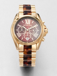 A technical, goldtone stainless steel timepiece accented with tortoise-print details. Quartz movementWater resistant to 5 ATMRound goldtone stainless steel case, 43mm (1.7) Smooth bezelChocolate chronograph dialRoman numeral and bar hour markersSecond hand Tortoise-print and goldtone stainless steel link braceletImported A technical, goldtone stainless steel timepiece accented with tortoise-print details. Quartz movementWater resistant to 5 ATMRound goldtone stainless steel case, 43mm (1.7) Smooth bezelChocolate chronograph dialRoman numeral and bar hour markersSecond hand Tortoise-print and goldtone stainless steel link braceletImported