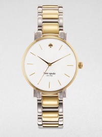 A sleek timepiece in a contrasting, two-tone design. Quartz movementWater resistant to 3 ATMRound goldtone stainless steel case, 34mm (1.3)Smooth bezelWhite dialDash hour markersSecond hand Two-tone stainless steel link braceletImported A sleek timepiece in a contrasting, two-tone design. Quartz movementWater resistant to 3 ATMRound goldtone stainless steel case, 34mm (1.3)Smooth bezelWhite dialDash hour markersSecond hand Two-tone stainless steel link braceletImported