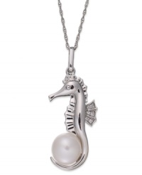 Aquatic elegance. This seahorse pendant, set in sterling silver, is adorned with a cultured freshwater pearl (8-1/2-9 mm) and single-cut diamonds (1/4 ct. t.w.) for a glamorous touch. Approximate length: 18 inches. Approximate drop: 1-1/2 inches. Aquatic elegance. This seahorse pendant, set in sterling silver, is adorned with a cultured freshwater pearl (8-1/2-9 mm) and single-cut diamonds (1/4 ct. t.w.) for a glamorous touch. Approximate length: 18 inches. Approximate drop: 1-1/2 inches.