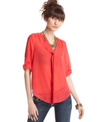 Oversized proportions plus a swoon-worthy color make this sheer top from Ultra Flirt the season's must-have item! Oversized proportions plus a swoon-worthy color make this sheer top from Ultra Flirt the season's must-have item!