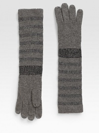 Eye-catching metallic threads lend dazzling style to these striped, wool-blend gloves.Merino Wool/Metallic Yarns/NylonAbout 16.5 longDry cleanImported Eye-catching metallic threads lend dazzling style to these striped, wool-blend gloves.Merino Wool/Metallic Yarns/NylonAbout 16.5 longDry cleanImported