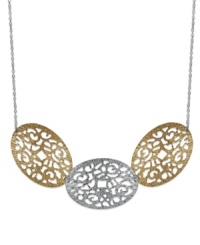 Leave an artistic impression. Beautiful filigree ovals adorn Giani Bernini's pretty, cut-out necklace. Crafted in sterling silver and 24k gold over sterling silver. Approximate length: 17-3/4 inches. Approximate drop width: 3-1/2 inches. Approximate drop length: 1 inch. Leave an artistic impression. Beautiful filigree ovals adorn Giani Bernini's pretty, cut-out necklace. Crafted in sterling silver and 24k gold over sterling silver. Approximate length: 17-3/4 inches. Approximate drop width: 3-1/2 inches. Approximate drop length: 1 inch.