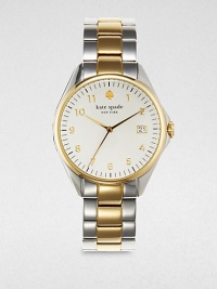 A classic timepiece with a high-contrast design and a convenient date-function. Quartz movementWater resistant to 5 ATMRound silvertone case, 38mm (1.5)Smooth goldtone bezelBrushed silvertone dialNumeric hour markersDate display at 3 o'clockSecond hand Two-tone link braceletImported A classic timepiece with a high-contrast design and a convenient date-function. Quartz movementWater resistant to 5 ATMRound silvertone case, 38mm (1.5)Smooth goldtone bezelBrushed silvertone dialNumeric hour markersDate display at 3 o'clockSecond hand Two-tone link braceletImported