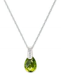 Take your look to the next level with the right amount of color. A pear-cut peridot (2-1/5 ct. t.w.) adds the sparkle to this shining 14k white gold necklace with diamond accents at the bail. Approximate length: 18 inches. Approximate drop: 1/2 inch. Take your look to the next level with the right amount of color. A pear-cut peridot (2-1/5 ct. t.w.) adds the sparkle to this shining 14k white gold necklace with diamond accents at the bail. Approximate length: 18 inches. Approximate drop: 1/2 inch.