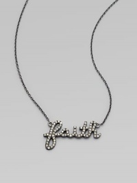 Get a positive outlook with this modern style with dazzling diamonds in sleek rhodium. Diamonds, .21 tcwRhodiumLength, about 15½Pendant size, ¾Lobster claw closureMade in the USA of imported materials Get a positive outlook with this modern style with dazzling diamonds in sleek rhodium. Diamonds, .21 tcwRhodiumLength, about 15½Pendant size, ¾Lobster claw closureMade in the USA of imported materials