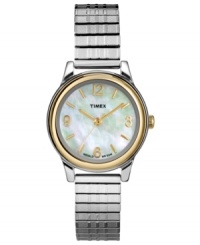 An enchanting mother-of-pearl dial takes this classic steel watch to stylish new heights, by Timex. An enchanting mother-of-pearl dial takes this classic steel watch to stylish new heights, by Timex.