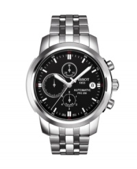 Polished to a high shine, self-winding and strikingly masculine. PRC 200 watch by Tissot crafted of stainless steel bracelet and round case with scratch-resistant sapphire crystal. Black chronograph dial features white stick indices, date window at three o'clock, three subdials, luminous hands and logo. Swiss quartz movement. Water resistant to 200 meters. Two-year limited warranty. Polished to a high shine, self-winding and strikingly masculine. PRC 200 watch by Tissot crafted of stainless steel bracelet and round case with scratch-resistant sapphire crystal. Black chronograph dial features white stick indices, date window at three o'clock, three subdials, luminous hands and logo. Swiss quartz movement. Water resistant to 200 meters. Two-year limited warranty.