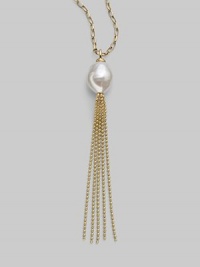 A striking white baroque pearl is the centerpiece of this delightful design, accented with a tassel of delicate gold chains. 16mm baroque, organic, man-made white pearl 18k gold vermeil Length, about 36 Made in Spain A striking white baroque pearl is the centerpiece of this delightful design, accented with a tassel of delicate gold chains. 16mm baroque, organic, man-made white pearl 18k gold vermeil Length, about 36 Made in Spain